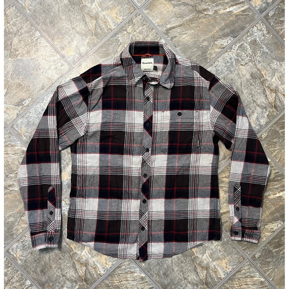 Simms Flannel Shirt Mens Medium Grey Burgundy Plaid Long Sleeve Cotton